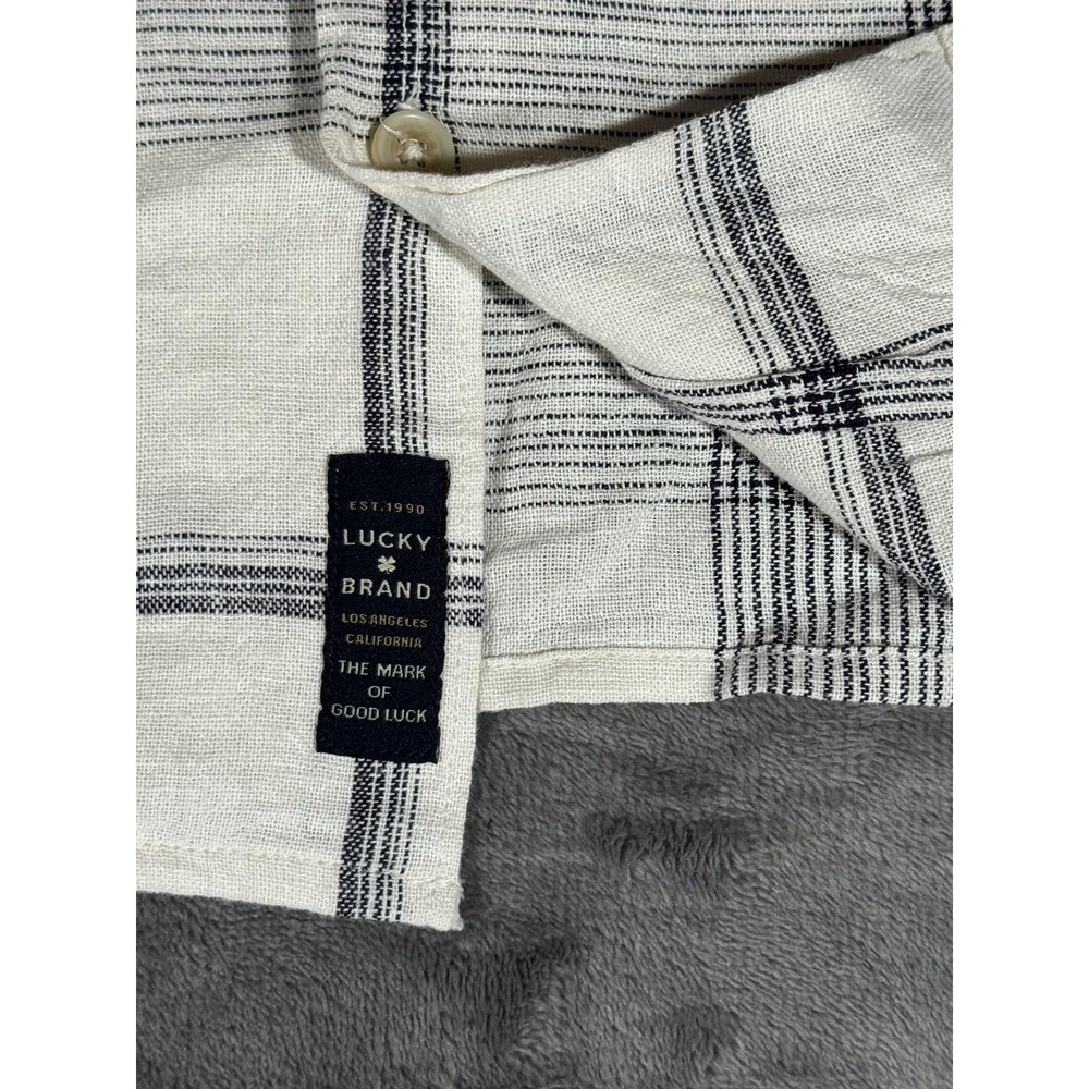 Lucky Brand Shirt Mens Large White Short Sleeve Button Up Linen Blend Plaid - Picture 4 of 13